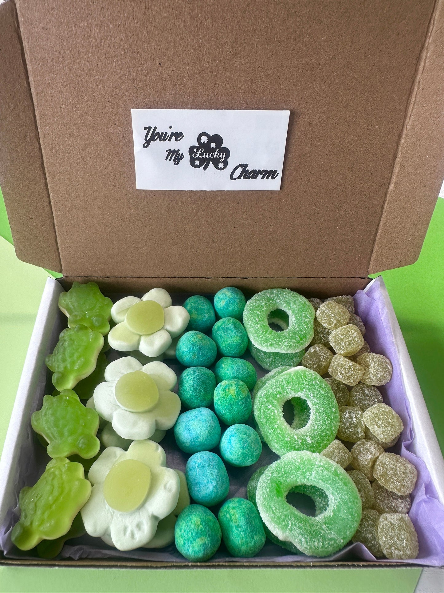 Lucky Charm Sweet Box - Postal Sweets - Postal Treats - Mini Sweet Treats - Mini Sweet Box - Jelly Sweets - Gifts for All - Green Jellies