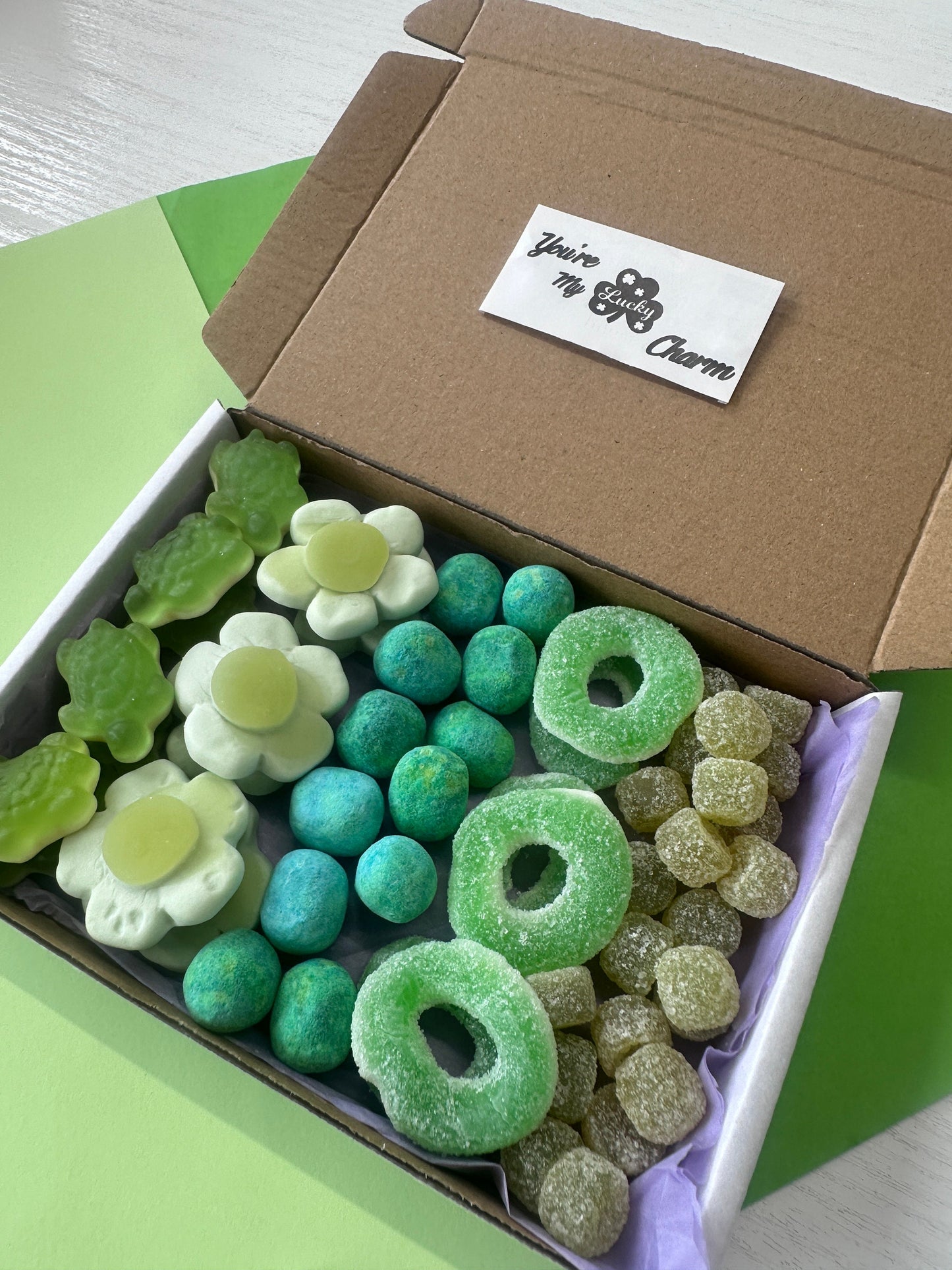 Lucky Charm Sweet Box - Postal Sweets - Postal Treats - Mini Sweet Treats - Mini Sweet Box - Jelly Sweets - Gifts for All - Green Jellies