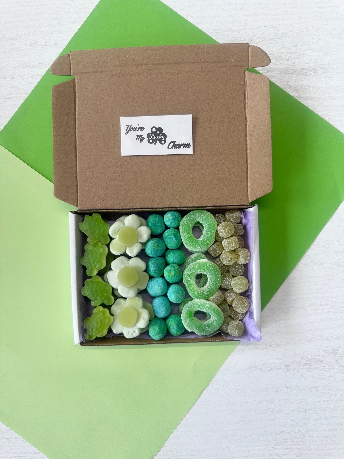 Lucky Charm Sweet Box - Postal Sweets - Postal Treats - Mini Sweet Treats - Mini Sweet Box - Jelly Sweets - Gifts for All - Green Jellies